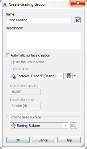 Screenshot of Create Grading Group dialog displaying the name and description of the grading, and a box to check the option for automatic surface creation.