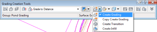 Snippet image of Grading Creation Tools toolbar with Create Grading drop-down menu with a check mark on Create Grading option.