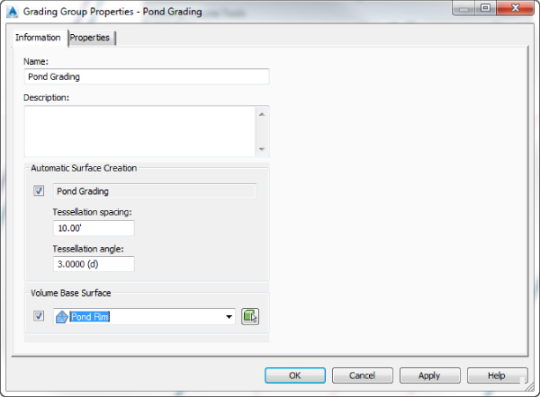 Screenshot of the Grading Group Properties with a highlighted Pond Rim on the Volume Base Surface.