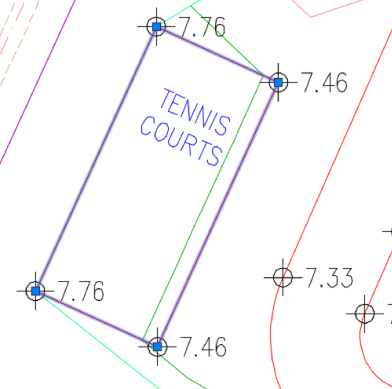 Illustration of an updated surface of a tennis court with raised feature lines with glyphs 7.76, 7.46, 7.46, and 7.76 labeled clockwise.