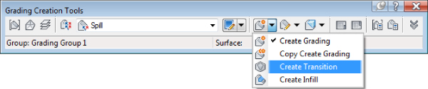 Snippet image of Grading Creation Tools toolbar with Create Grading drop-down menu displayed. Create Transition option is highlighted.