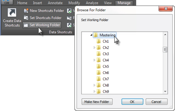 Screenshot of Browse for Folder dialog with cursor pointing the expanded Mastering folder node. Behind it is a snippet image of the Manage tab with another cursor pointing the Set Working Folder button.