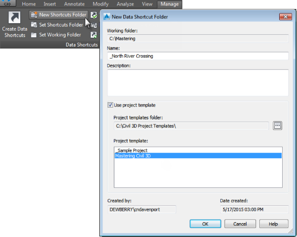 Screenshot of the Manage tab section with the New Shortcuts Folder selected on the Data Shortcuts panel. A New Data Shortcut Folder dialog box is displayed at the right side highlighting Mastering Civil 3D.