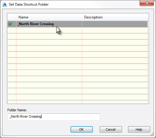 Screenshot of the Set Data Shortcut Folder dialog box with a highlighted folder name: _North River Crossing.