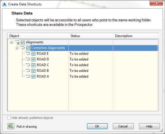 Screenshot of Create Data Shortcuts dialog with check marks in all check boxes under Alignments node.