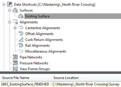 Screenshot of the list of 3D data shortcuts with Existing Surface selected and a Source File Name and Location at the bottom.