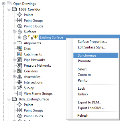 Screenshot of the right-click menu of Existing Surface with Synchronize command highlighted.