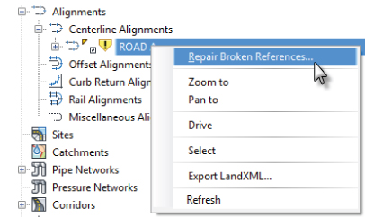 Screenshot of the right-click menu of ROAD A Centerline Alignment with cursor pointing the Repair Broken References command.