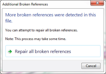 Screenshot of the Additional Broken References prompt with an option Repair All Broken References.