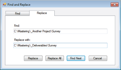 Screenshot of Replace tab of Find and Replace dialog presenting Find and Replace With file locations.