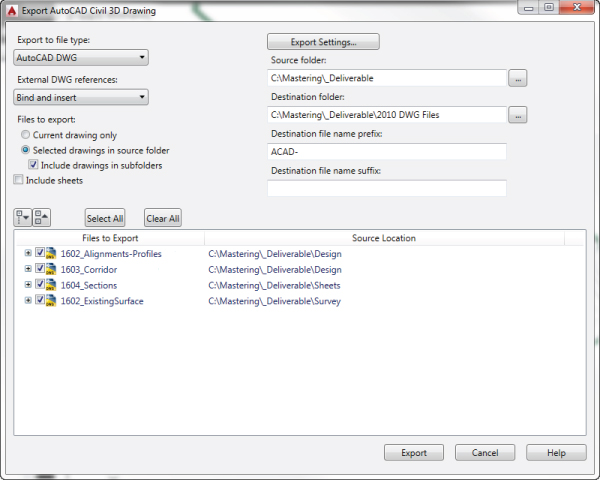 Screenshot of Export AutoCAD Civil 3D Drawing dialog. Export file type is set to AutoCAD DWG, External DWG References to Bind and Insert, and Files to Export to Selected Drawings in Source Folder.