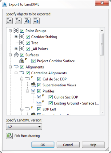 Screenshot of Export to LandXML dialog presenting data tree of Point Groups, Surfaces, and Alignments. Each component has a check mark in each check box.