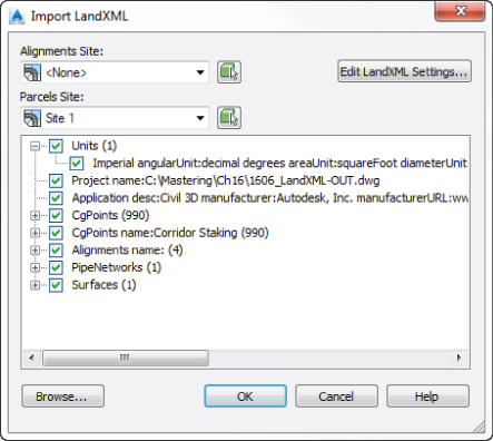 Screenshot of Import to LandXML dialog. Alignments Site is set to None and Parcels Site to Site 1. A data tree below has check marks in each check boxes for listed parameters.