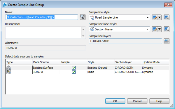 Screenshot of the Ceate Sample Line Group dialog with default options and styles.