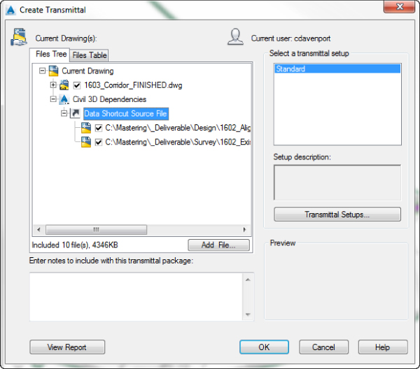 Screenshot of Files Tree tab of Create Transmittal dialog presenting highlighted Data Shortcut Sources Files in a data tree. Transmittal Setup is set to Standard.