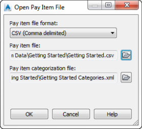 Screenshot of Open Pay Item File dialog. Pay Item File Format is set to CSV (Comma delimited) and file locations for pay item and pay item categorization are selected.