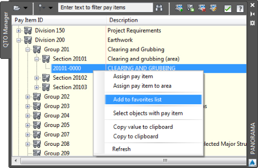 Screenshot of the QTO Manager in Panorama presenting 20101-0000 with definition CLEARING AND GRUBBING and a pop- up right-click menu highlighting Add to favorites list.  