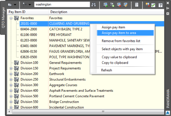 Screenshot of the right-click menu of Clearing and Grubbing under Favorites node. Assign Pay Item to Area option is highlighted.