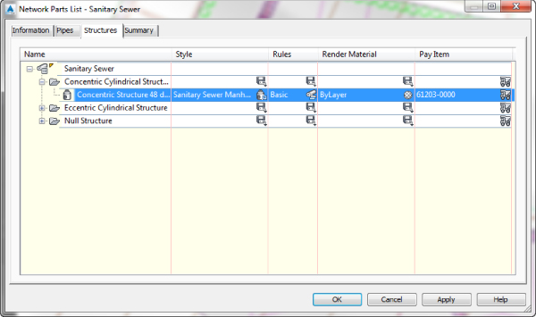 Screenshot of Pipes tab of Network Parts List for Sanitary Sewer presenting types and parameters of PVC pipes.