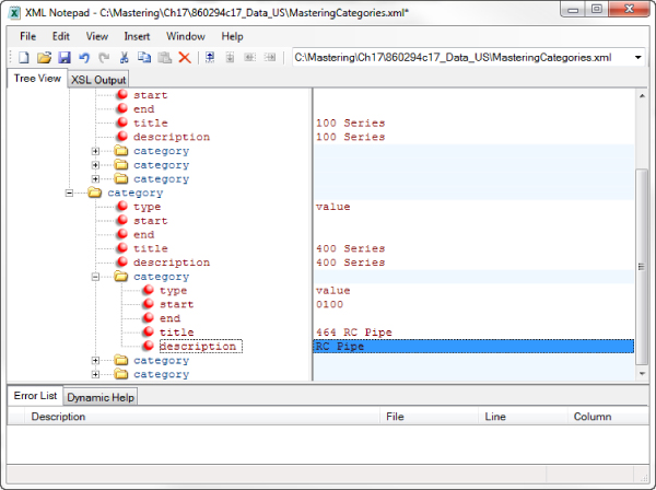 Screenshot of the XML Notepad presenting the Tree View with a highlighted RC Pipe on a panel on the right.