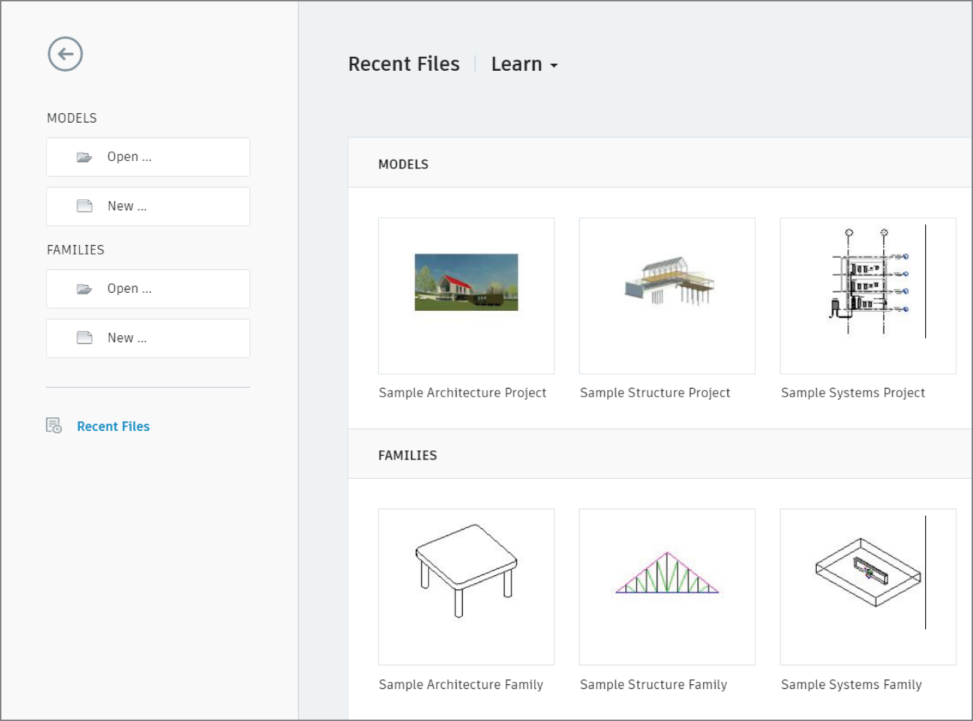 The Recent Files window lists any recent projects or families on which you've worked.