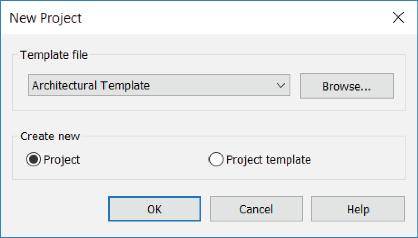 The New Project dialog allows you to start a new project using a preexisting template file, or you can create a new template file.