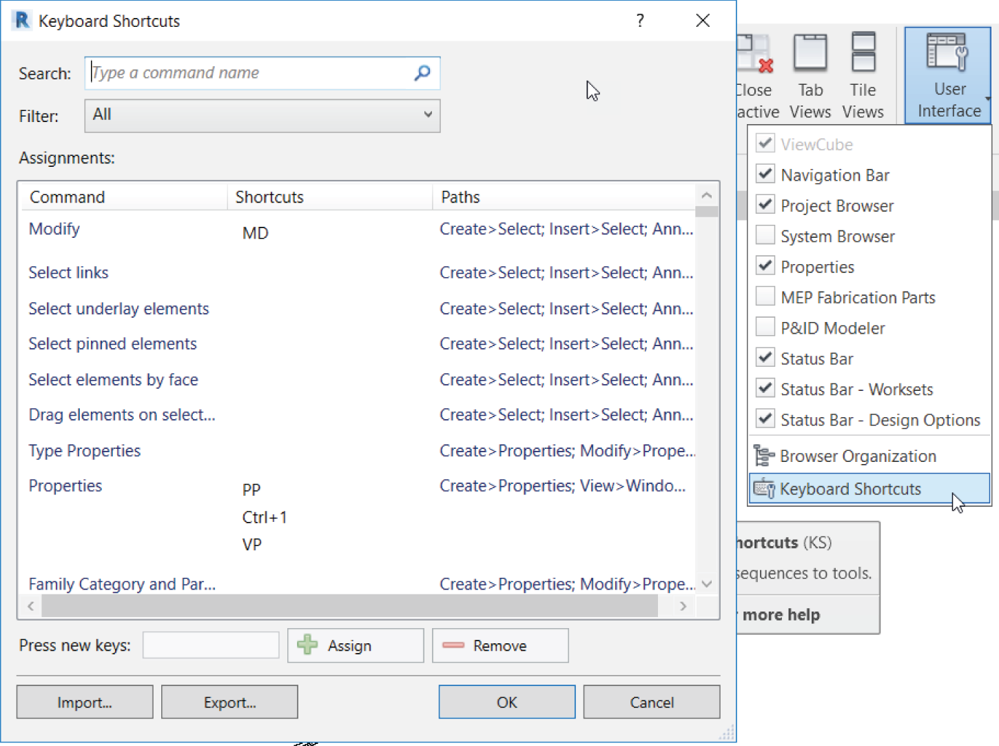 You can make your
own shortcuts, or you can modify existing keyboard shortcuts—if you navigate
to the View tab. On the Windows panel, click the User Interface button. In the
drop-down menu, click the Keyboard Shortcuts button. Here you can add or
modify keyboard shortcuts.