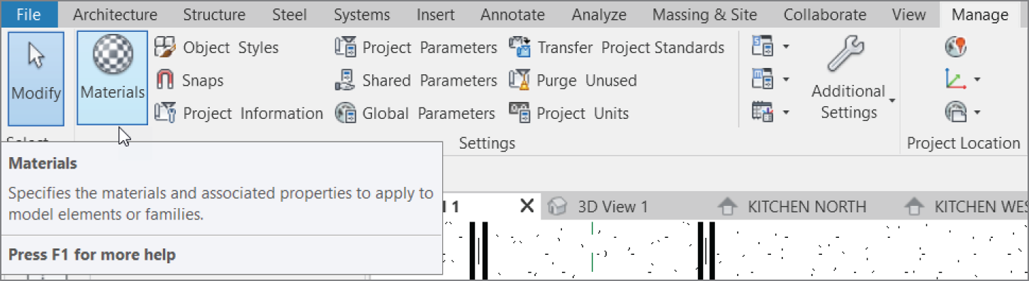 Clicking the Materials button on the Manage tab