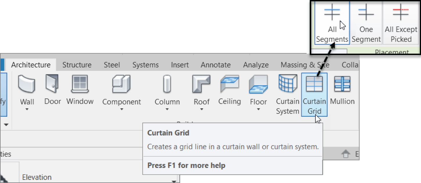 Click the Curtain Grid button in the Build panel of the Architecture tab.