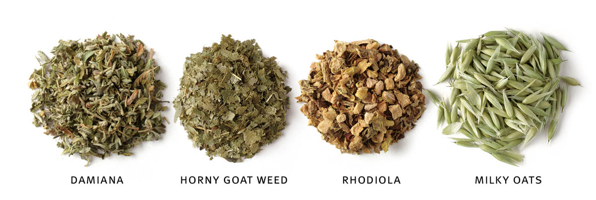 damiana; horny goat weed; rhodiola; milky oats