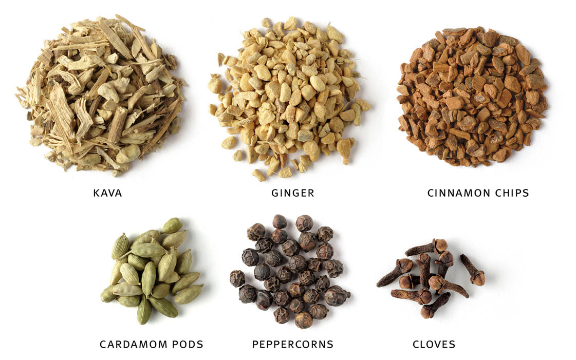 kava; ginger; cinnamon chips; cardamom pods; peppercorns; cloves