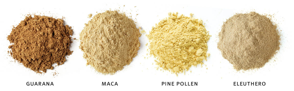 guarana; maca; pine pollen; eleuthero