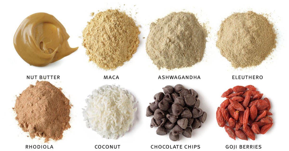 nut butter; maca; ashwagandha; eleuthero; rhodiola; coconut; chocolate chips; goji berries