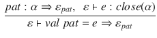 $$\begin{aligned} \frac{pat:\alpha \Rightarrow \varepsilon _{pat},~~\varepsilon \vdash e:close(\alpha )}{\varepsilon \vdash val~pat=e\Rightarrow \varepsilon _{pat}} \end{aligned}$$