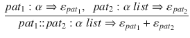 $$\begin{aligned} \frac{pat_1:\alpha \Rightarrow \varepsilon _{pat_1},~~pat_2:\alpha ~list\Rightarrow \varepsilon _{pat_2}}{pat_1{:}{:}pat_2 : \alpha ~list\Rightarrow \varepsilon _{pat_1}+\varepsilon _{pat_2}} \end{aligned}$$