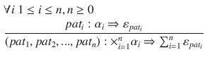 $$\begin{aligned}&\forall i~1 \le i \le n, n \ge 0\\&\frac{pat_i : \alpha _i \Rightarrow \varepsilon _{pat_i}}{(pat_1,pat_2,..., pat_n): \times _{i=1}^{n}\alpha _i\Rightarrow \sum ^{n}_{i=1}\varepsilon _{pat_i}} \end{aligned}$$