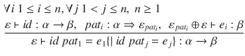 $$\begin{aligned}&\forall i~1 \le i \le n, \forall j~1 < j \le n,~n \ge 1\\&\frac{\varepsilon \vdash id:\alpha \rightarrow \beta ,~~pat_i:\alpha \Rightarrow \varepsilon _{pat_i},~~\varepsilon _{pat_i}\oplus \varepsilon \vdash e_i:\beta }{\varepsilon \vdash id~pat_1=e_1\{|~id~pat_j=e_j\}:\alpha \rightarrow \beta } \end{aligned}$$