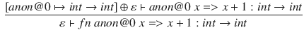 $$\begin{aligned} \frac{[anon@0\mapsto int\rightarrow int]\oplus \varepsilon \vdash anon@0~x => x+1:int\rightarrow int}{\varepsilon \vdash fn~anon@0~x => x+1 :int\rightarrow int} \end{aligned}$$