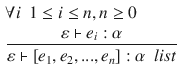 $$\begin{aligned}&\forall i~~1\le i \le n, n \ge 0\\&\frac{\varepsilon \vdash e_i:\alpha }{\varepsilon \vdash [e_1,e_2,..., e_n] : \alpha ~~list} \end{aligned}$$