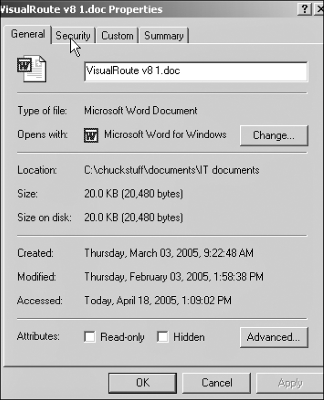 Screenshot showing a user clicking and the security tab in the properties menu of a file in order to encrypt it.