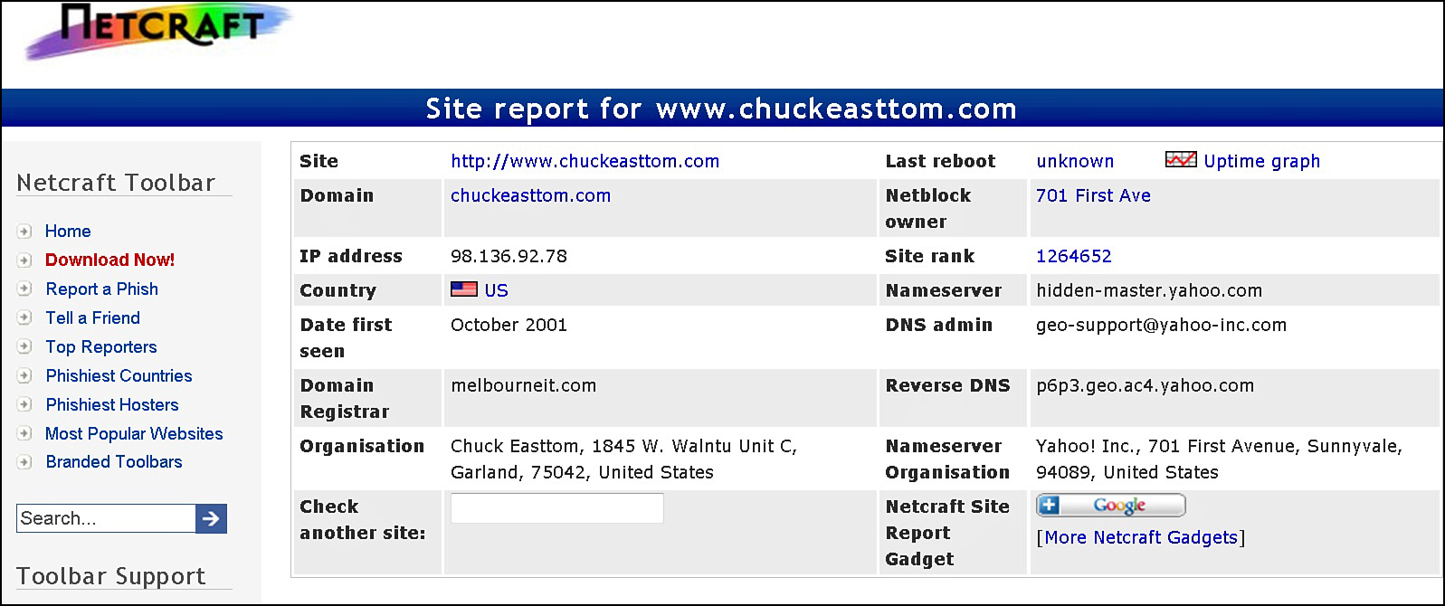 Screenshot from the website Netcraft.com.