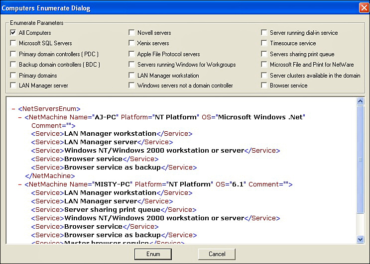 Screenshot of NSAudit enumeration results in XML format.