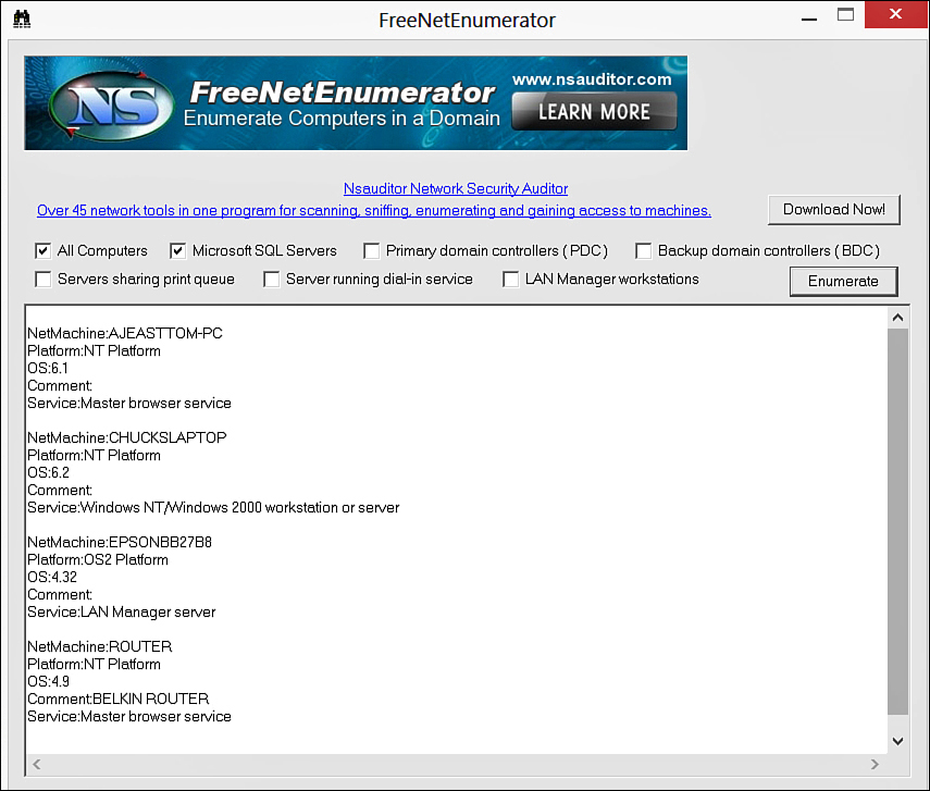 Screenshot of FreeNetEnumerator results.