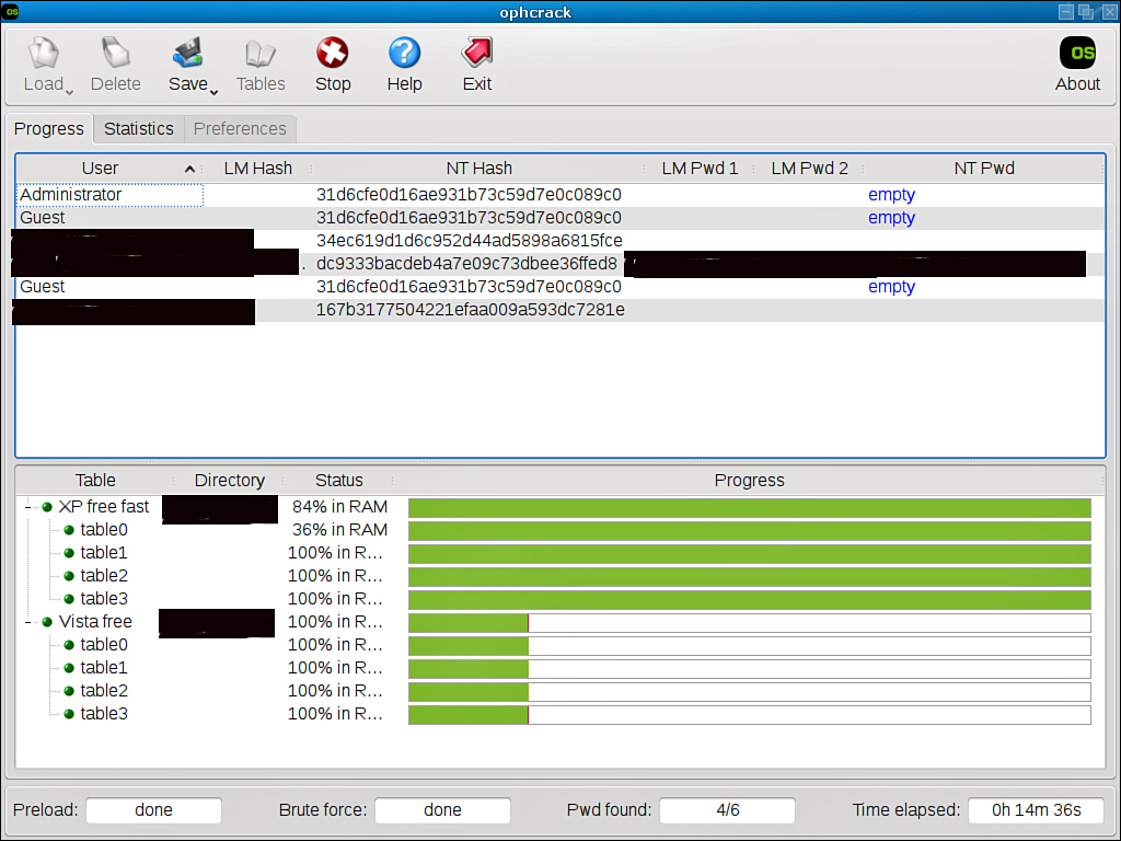 Screenshot of OphCrack scanning the SAM file.