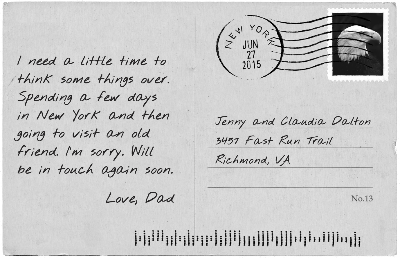 I need a little time to think some things over. Spending a few days in New York and then going to visit an old friend. I’m sorry. Will be in touch again soon. Love, Dad