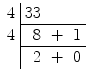 $\begin{array}{c|rcr}4 & 33 & & \\ \cline{2-4}4 & 8 & + & 1 \\ \cline{2-4}& 2 & + & 0\end{array}$