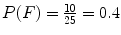 $P(F) = \frac{10}{25} = 0.4$