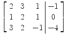 $\left[\begin{array}{c@{\quad}c@{\quad}c@{\ }|@{\ }c}2& 3&1& -1 \\1& 2&1& 0 \\3&2&-1& -4\end{array} \right]$