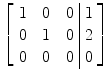 $\left[\begin{array}{c@{\quad}c@{\quad}c@{\ }|@{\ }c}1 & 0 & 0 & 1 \\0 & 1 & 0 & 2 \\0 & 0 & 0 & 0 \end{array}\right]$