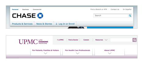 Banks and hospitals serve different information needs; their website navigation structures highlight the differences between them, and you understand the information they present in the context of the roles and functions these organizations serve in society